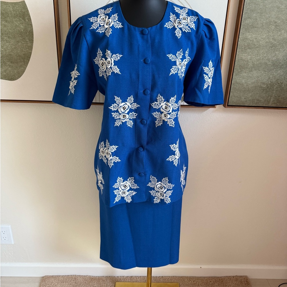 1990’s Vintage Blue and White Puff Sleeve Skirt Set